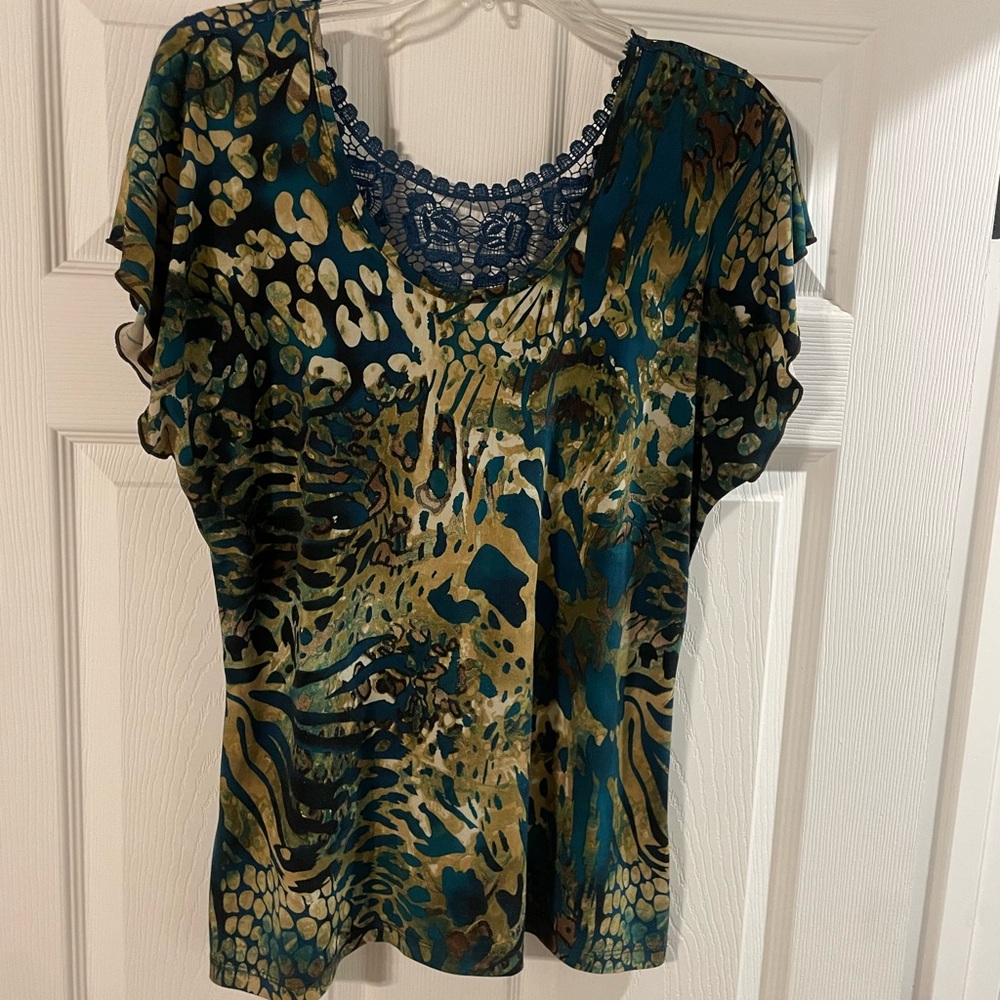 Susan Lawrence Teal and Gold Patterned Blouse